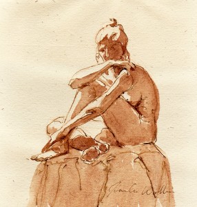 Seated Female Nude, pen and ink with ink wash