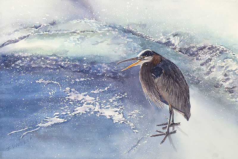 Winter Heron is a pen and ink with watercolor.